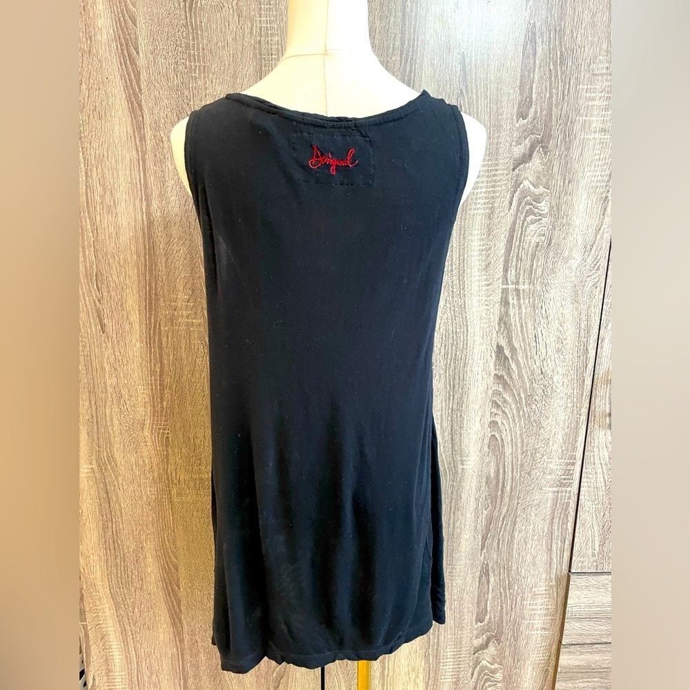 DESIGUAL Flowy Black Designer Dress Tunic Top with Floral Accents. Size S - Picture 3 of 9